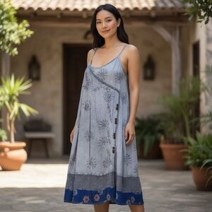 Daisy Island Nwot Size Large Boho Gray & Blue Embroidered Dress